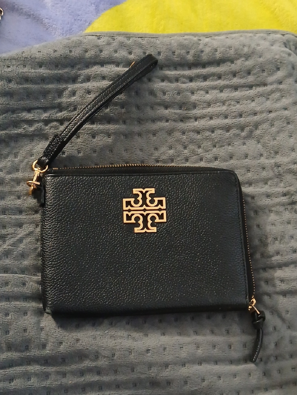 Tory Burch Black Leather Wristlet with Gold Emblem